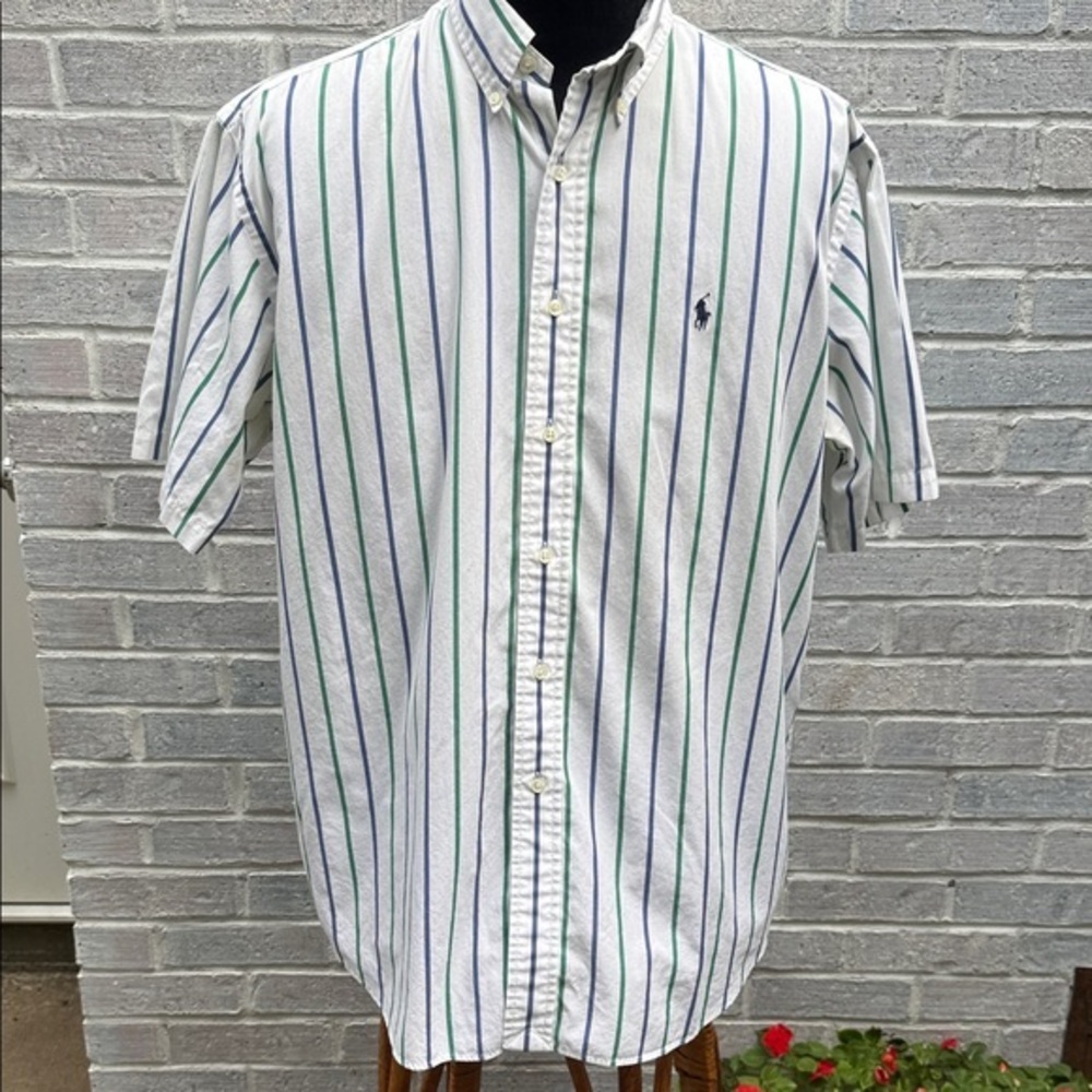 Ralph Lauren Blake Cotton Blue & Green Striped Short Sleeve Button Down Shirt L
